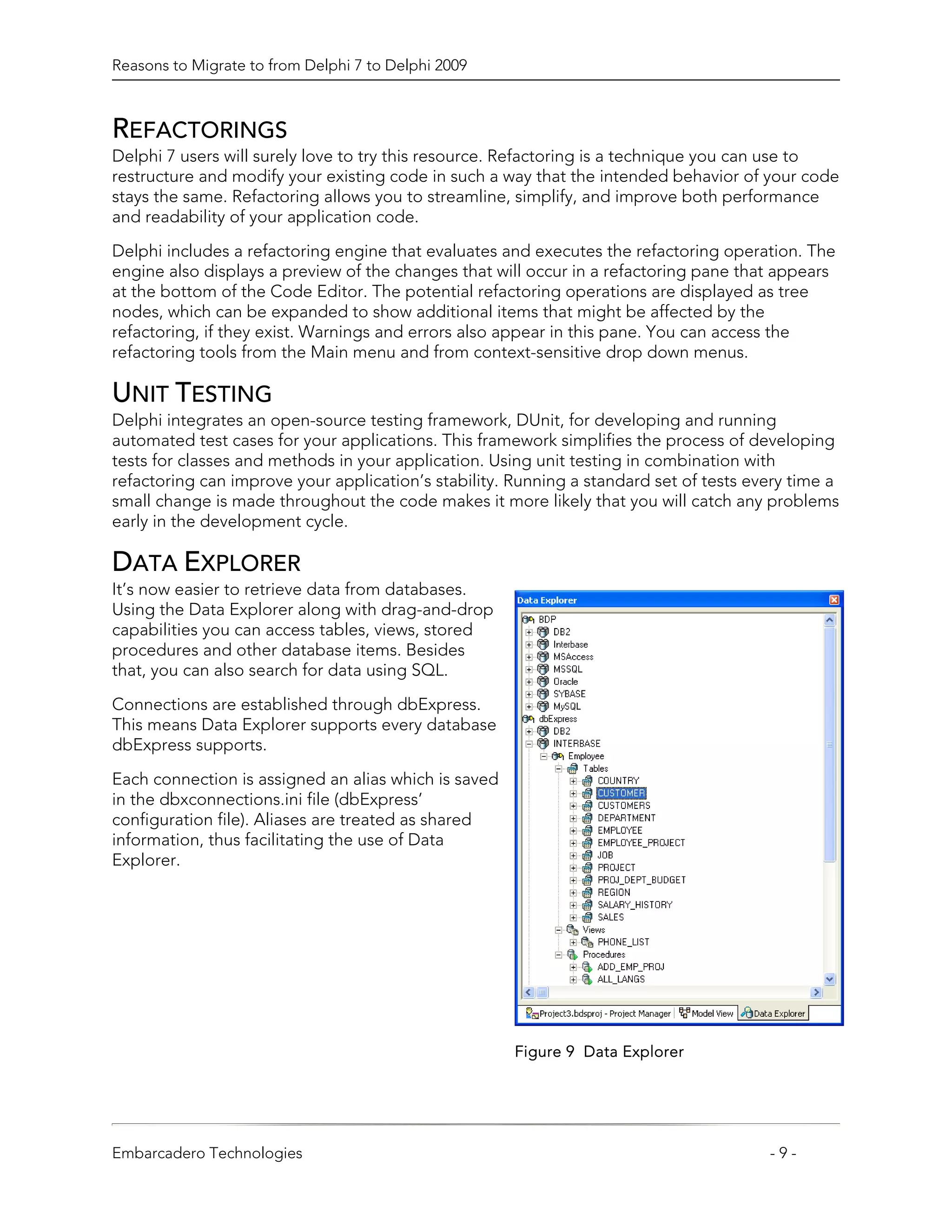 Reasons to Migrate to from Delphi 7 to Delphi 2009



REFACTORINGS
Delphi 7 users will surely love to try this resource. Refactoring is a technique you can use to
restructure and modify your existing code in such a way that the intended behavior of your code
stays the same. Refactoring allows you to streamline, simplify, and improve both performance
and readability of your application code.

Delphi includes a refactoring engine that evaluates and executes the refactoring operation. The
engine also displays a preview of the changes that will occur in a refactoring pane that appears
at the bottom of the Code Editor. The potential refactoring operations are displayed as tree
nodes, which can be expanded to show additional items that might be affected by the
refactoring, if they exist. Warnings and errors also appear in this pane. You can access the
refactoring tools from the Main menu and from context-sensitive drop down menus.

UNIT TESTING
Delphi integrates an open-source testing framework, DUnit, for developing and running
automated test cases for your applications. This framework simplifies the process of developing
tests for classes and methods in your application. Using unit testing in combination with
refactoring can improve your application’s stability. Running a standard set of tests every time a
small change is made throughout the code makes it more likely that you will catch any problems
early in the development cycle.

DATA EXPLORER
It’s now easier to retrieve data from databases.
Using the Data Explorer along with drag-and-drop
capabilities you can access tables, views, stored
procedures and other database items. Besides
that, you can also search for data using SQL.

Connections are established through dbExpress.
This means Data Explorer supports every database
dbExpress supports.

Each connection is assigned an alias which is saved
in the dbxconnections.ini file (dbExpress’
configuration file). Aliases are treated as shared
information, thus facilitating the use of Data
Explorer.




                                                      Figure 9 Data Explorer




Embarcadero Technologies                                                                -9-
 
