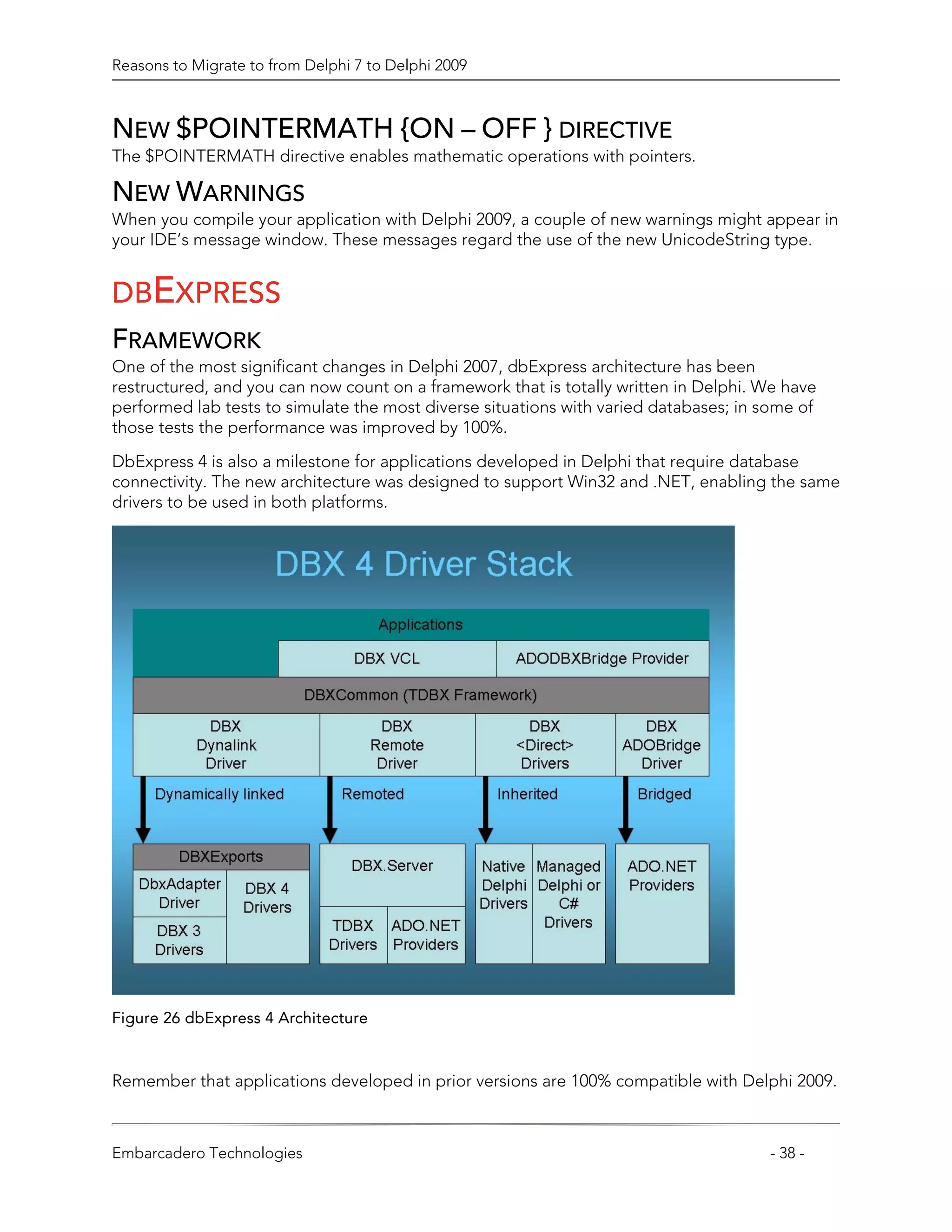 Reasons to Migrate to from Delphi 7 to Delphi 2009



NEW $POINTERMATH {ON – OFF } DIRECTIVE
The $POINTERMATH directive enables mathematic operations with pointers.

NEW WARNINGS
When you compile your application with Delphi 2009, a couple of new warnings might appear in
your IDE’s message window. These messages regard the use of the new UnicodeString type.


DBEXPRESS
FRAMEWORK
One of the most significant changes in Delphi 2007, dbExpress architecture has been
restructured, and you can now count on a framework that is totally written in Delphi. We have
performed lab tests to simulate the most diverse situations with varied databases; in some of
those tests the performance was improved by 100%.

DbExpress 4 is also a milestone for applications developed in Delphi that require database
connectivity. The new architecture was designed to support Win32 and .NET, enabling the same
drivers to be used in both platforms.




Figure 26 dbExpress 4 Architecture



Remember that applications developed in prior versions are 100% compatible with Delphi 2009.



Embarcadero Technologies                                                              - 38 -
 