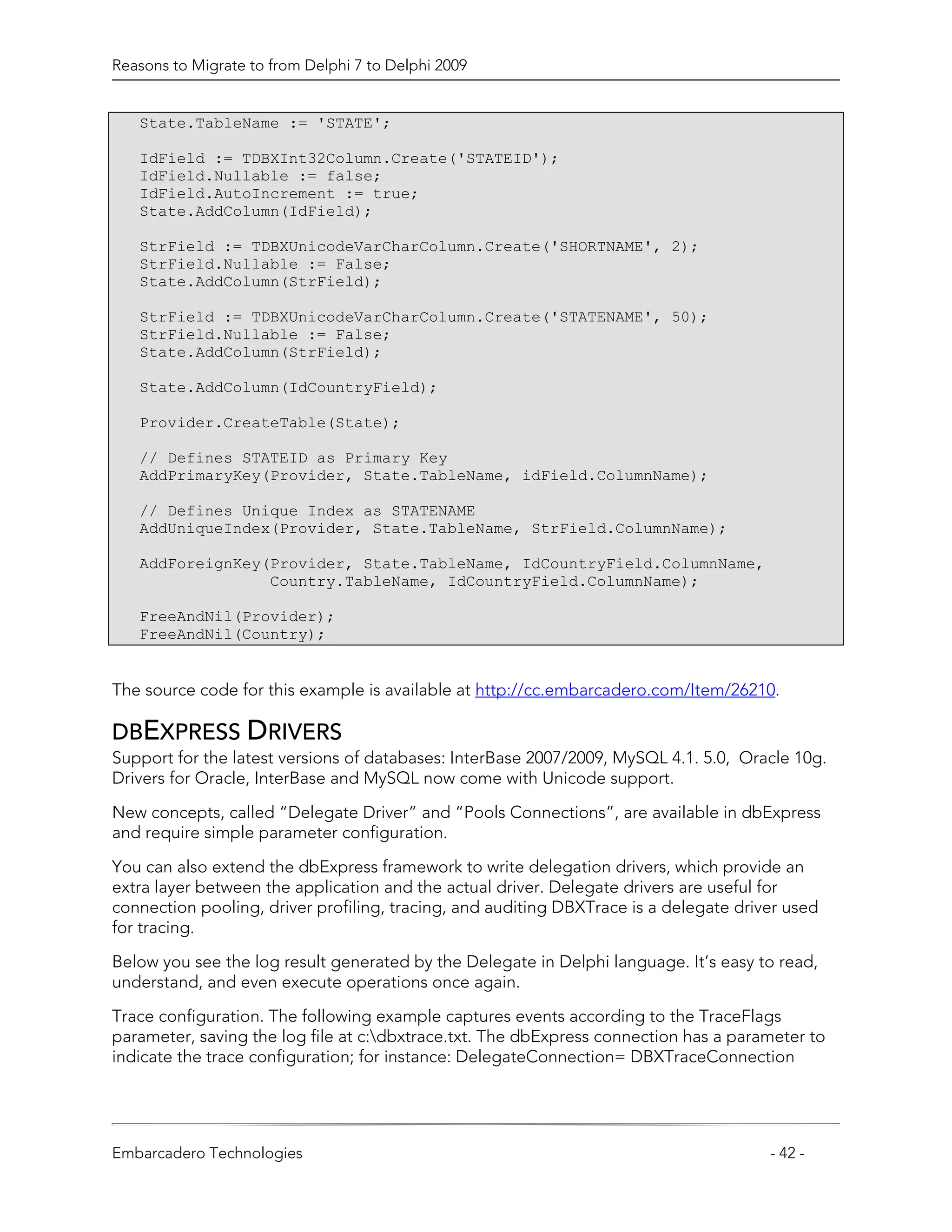 Reasons to Migrate to from Delphi 7 to Delphi 2009


   State.TableName := 'STATE';

   IdField := TDBXInt32Column.Create('STATEID');
   IdField.Nullable := false;
   IdField.AutoIncrement := true;
   State.AddColumn(IdField);

   StrField := TDBXUnicodeVarCharColumn.Create('SHORTNAME', 2);
   StrField.Nullable := False;
   State.AddColumn(StrField);

   StrField := TDBXUnicodeVarCharColumn.Create('STATENAME', 50);
   StrField.Nullable := False;
   State.AddColumn(StrField);

   State.AddColumn(IdCountryField);

   Provider.CreateTable(State);

   // Defines STATEID as Primary Key
   AddPrimaryKey(Provider, State.TableName, idField.ColumnName);

   // Defines Unique Index as STATENAME
   AddUniqueIndex(Provider, State.TableName, StrField.ColumnName);

   AddForeignKey(Provider, State.TableName, IdCountryField.ColumnName,
                 Country.TableName, IdCountryField.ColumnName);

   FreeAndNil(Provider);
   FreeAndNil(Country);


The source code for this example is available at http://cc.embarcadero.com/Item/26210.

DBEXPRESS DRIVERS
Support for the latest versions of databases: InterBase 2007/2009, MySQL 4.1. 5.0, Oracle 10g.
Drivers for Oracle, InterBase and MySQL now come with Unicode support.

New concepts, called “Delegate Driver” and “Pools Connections”, are available in dbExpress
and require simple parameter configuration.

You can also extend the dbExpress framework to write delegation drivers, which provide an
extra layer between the application and the actual driver. Delegate drivers are useful for
connection pooling, driver profiling, tracing, and auditing DBXTrace is a delegate driver used
for tracing.

Below you see the log result generated by the Delegate in Delphi language. It’s easy to read,
understand, and even execute operations once again.
Trace configuration. The following example captures events according to the TraceFlags
parameter, saving the log file at c:dbxtrace.txt. The dbExpress connection has a parameter to
indicate the trace configuration; for instance: DelegateConnection= DBXTraceConnection




Embarcadero Technologies                                                               - 42 -
 