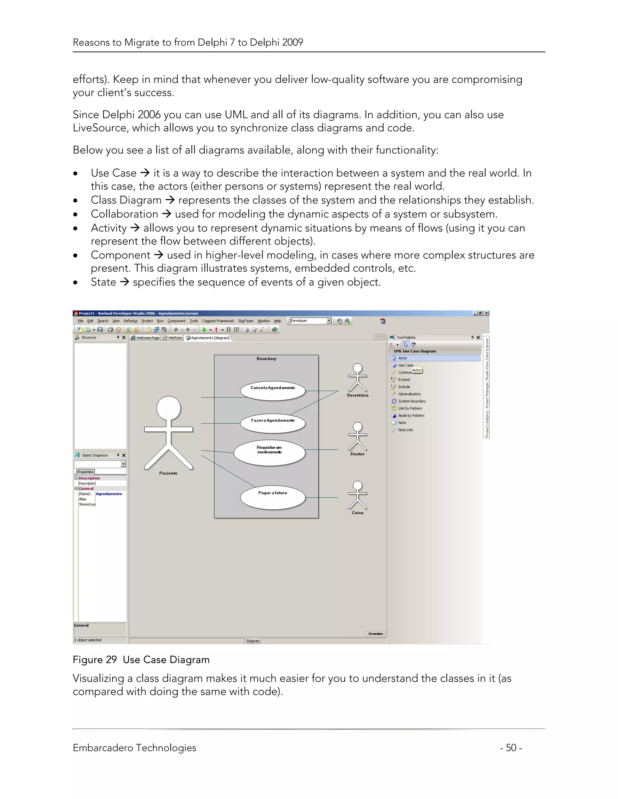 Reasons to Migrate to from Delphi 7 to Delphi 2009


efforts). Keep in mind that whenever you deliver low-quality software you are compromising
your client’s success.
Since Delphi 2006 you can use UML and all of its diagrams. In addition, you can also use
LiveSource, which allows you to synchronize class diagrams and code.

Below you see a list of all diagrams available, along with their functionality:

•   Use Case       it is a way to describe the interaction between a system and the real world. In
    this case, the actors (either persons or systems) represent the real world.
•   Class Diagram         represents the classes of the system and the relationships they establish.
•   Collaboration        used for modeling the dynamic aspects of a system or subsystem.
•   Activity    allows you to represent dynamic situations by means of flows (using it you can
    represent the flow between different objects).
•   Component          used in higher-level modeling, in cases where more complex structures are
    present. This diagram illustrates systems, embedded controls, etc.
•   State    specifies the sequence of events of a given object.




Figure 29 Use Case Diagram
Visualizing a class diagram makes it much easier for you to understand the classes in it (as
compared with doing the same with code).




Embarcadero Technologies                                                                    - 50 -
 