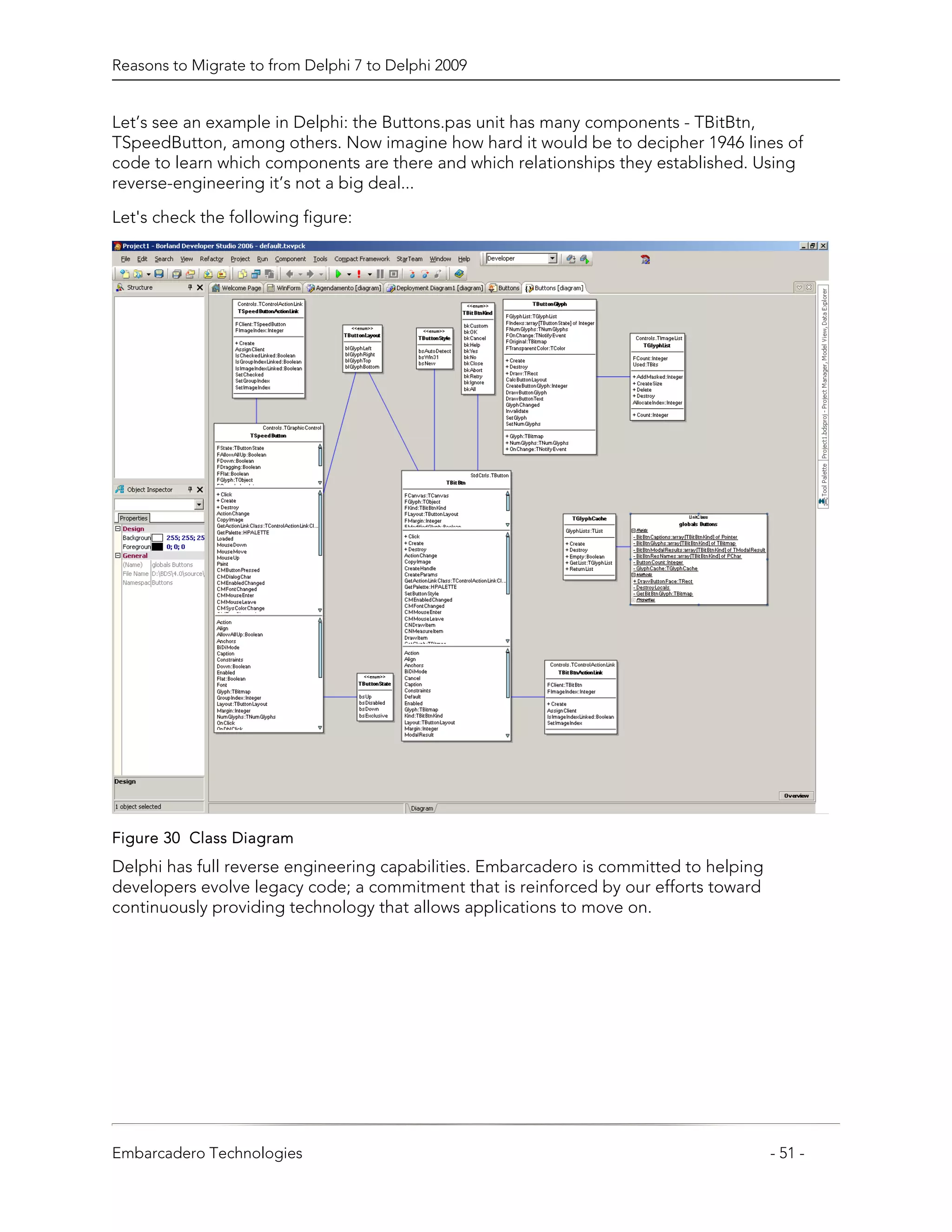 Reasons to Migrate to from Delphi 7 to Delphi 2009


Let’s see an example in Delphi: the Buttons.pas unit has many components - TBitBtn,
TSpeedButton, among others. Now imagine how hard it would be to decipher 1946 lines of
code to learn which components are there and which relationships they established. Using
reverse-engineering it’s not a big deal...

Let's check the following figure:




Figure 30 Class Diagram
Delphi has full reverse engineering capabilities. Embarcadero is committed to helping
developers evolve legacy code; a commitment that is reinforced by our efforts toward
continuously providing technology that allows applications to move on.




Embarcadero Technologies                                                                - 51 -
 
