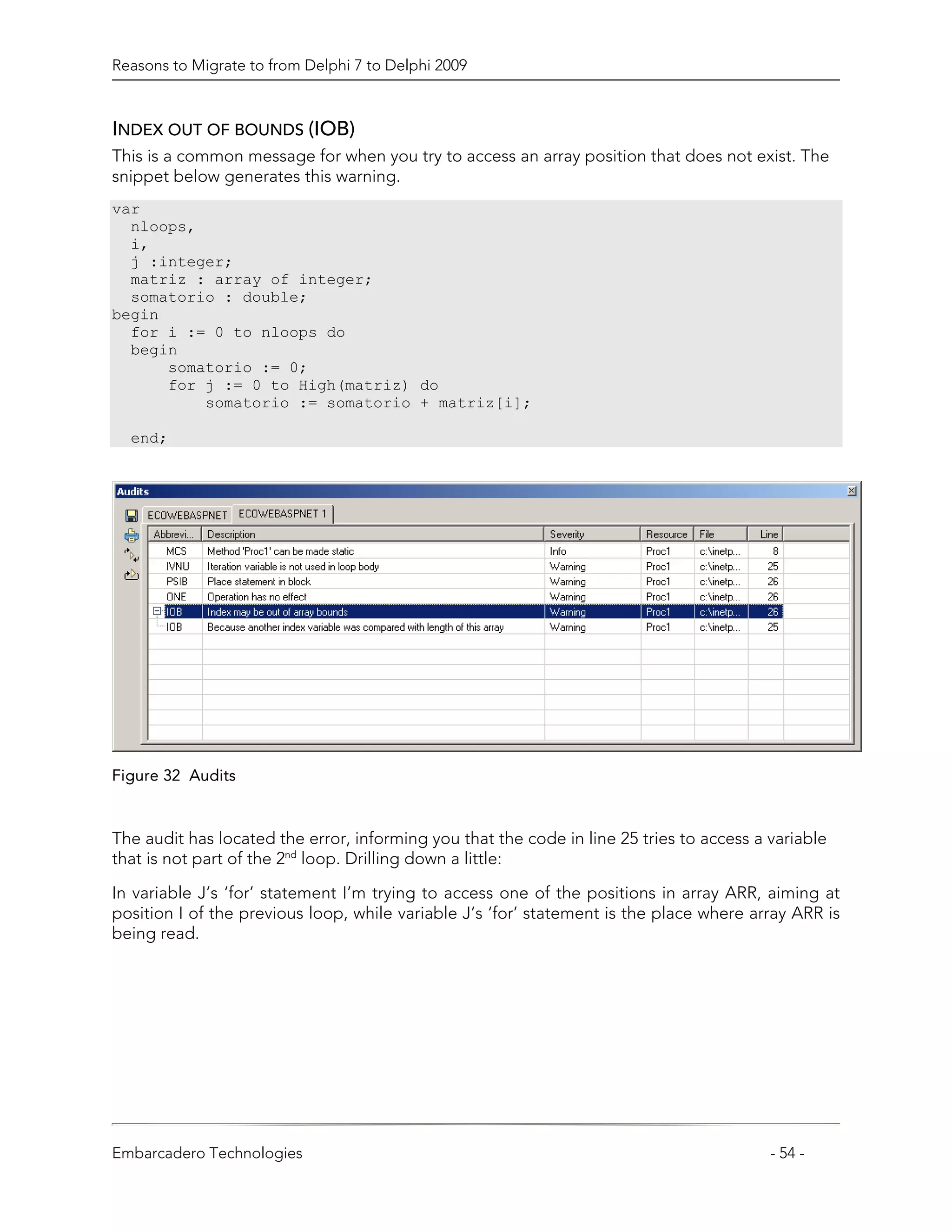Reasons to Migrate to from Delphi 7 to Delphi 2009



INDEX OUT OF BOUNDS (IOB)
This is a common message for when you try to access an array position that does not exist. The
snippet below generates this warning.
var
  nloops,
  i,
  j :integer;
  matriz : array of integer;
  somatorio : double;
begin
  for i := 0 to nloops do
  begin
      somatorio := 0;
      for j := 0 to High(matriz) do
          somatorio := somatorio + matriz[i];

  end;




Figure 32 Audits



The audit has located the error, informing you that the code in line 25 tries to access a variable
that is not part of the 2nd loop. Drilling down a little:

In variable J’s ‘for’ statement I’m trying to access one of the positions in array ARR, aiming at
position I of the previous loop, while variable J’s ‘for’ statement is the place where array ARR is
being read.




Embarcadero Technologies                                                                  - 54 -
 
