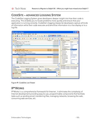Reasons to Migrate to Delphi XE – What you might have missed since Delphi 7
Embarcadero Technologies - 105 -
CODESITE – ADVANCED LOGGING SYSTEM
The CodeSite Logging System gives developers deeper insight into how their code is
executing. This enables you to locate problems more quickly and ensure that your
application is running correctly. CodeSite's logging classes let developers capture all kinds
of information while their code executes and send that information to a live display or to a
log file.
Figure 49. CodeSite Live Viewer
IP*WORKS
IP*Works! is a comprehensive framework for Internet , it eliminates the complexity of
Internet development providing easy-to-use, programmable components that facilitate
tasks such as sending email, transferring files, managing networks, browsing the web,
consuming web services, etc.
 