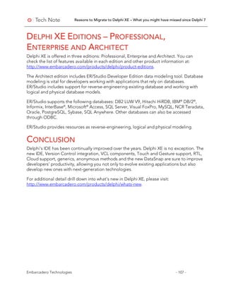 Reasons to Migrate to Delphi XE – What you might have missed since Delphi 7
Embarcadero Technologies - 107 -
DELPHI XE EDITIONS – PROFESSIONAL,
ENTERPRISE AND ARCHITECT
Delphi XE is offered in three editions: Professional, Enterprise and Architect. You can
check the list of features available in each edition and other product information at:
http://www.embarcadero.com/products/delphi/product-editions.
The Architect edition includes ER/Studio Developer Edition data modeling tool. Database
modeling is vital for developers working with applications that rely on databases.
ER/Studio includes support for reverse-engineering existing database and working with
logical and physical database models.
ER/Studio supports the following databases: DB2 LUW V9, Hitachi HiRDB, IBM®
DB/2®
,
Informix, InterBase®
, Microsoft®
Access, SQL Server, Visual FoxPro, MySQL, NCR Teradata,
Oracle, PostgreSQL, Sybase, SQL Anywhere. Other databases can also be accessed
through ODBC.
ER/Studio provides resources as reverse-engineering, logical and physical modeling.
CONCLUSION
Delphi’s IDE has been continually improved over the years. Delphi XE is no exception. The
new IDE, Version Control integration, VCL components, Touch and Gesture support, RTL,
Cloud support, generics, anonymous methods and the new DataSnap are sure to improve
developers’ productivity, allowing you not only to evolve existing applications but also
develop new ones with next-generation technologies.
For additional detail drill down into what’s new in Delphi XE, please visit:
http://www.embarcadero.com/products/delphi/whats-new.
 