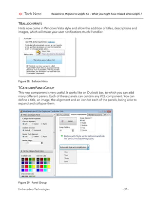 Reasons to Migrate to Delphi XE – What you might have missed since Delphi 7
Embarcadero Technologies - 37 -
TBALLOONHINTS
Hints now come in Windows Vista style and allow the addition of titles, descriptions and
images, which will make your user notifications much friendlier.
Figure 28. Balloon Hints
TCATEGORYPANELGROUP
This new component is very useful. It works like an Outlook bar, to which you can add
many different panels. Each of these panels can contain any VCL component. You can
define a title, an image, the alignment and an icon for each of the panels, being able to
expand and collapse them.
Figure 29. Panel Group
 