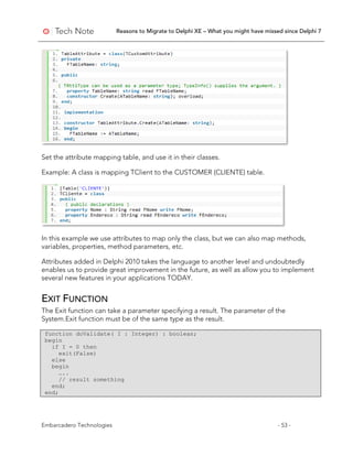 Reasons to Migrate to Delphi XE – What you might have missed since Delphi 7
Embarcadero Technologies - 53 -
Set the attribute mapping table, and use it in their classes.
Example: A class is mapping TClient to the CUSTOMER (CLIENTE) table.
In this example we use attributes to map only the class, but we can also map methods,
variables, properties, method parameters, etc.
Attributes added in Delphi 2010 takes the language to another level and undoubtedly
enables us to provide great improvement in the future, as well as allow you to implement
several new features in your applications TODAY.
EXIT FUNCTION
The Exit function can take a parameter specifying a result. The parameter of the
System.Exit function must be of the same type as the result.
function doValidate( I : Integer) : boolean;
begin
if I = 0 then
exit(False)
else
begin
…..
// result something
end;
end;
 