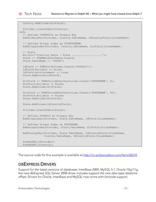 Reasons to Migrate to Delphi XE – What you might have missed since Delphi 7
Embarcadero Technologies - 73 -
Country.AddColumn(StrField);
Provider.CreateTable(Country);
end;
// Defines COUNTRYID as Primary Key
AddPrimaryKey(Provider, Country.TableName, IdCountryField.ColumnName);
// Defines Unique Index as COUNTRYNAME
AddUniqueIndex(Provider, Country.TableName, StrField.ColumnName);
// State
Writeln('Creating Table - State ....................');
State := TDBXMetaDataTable.Create;
State.TableName := 'STATE';
IdField := TDBXInt32Column.Create('STATEID');
IdField.Nullable := false;
IdField.AutoIncrement := true;
State.AddColumn(IdField);
StrField := TDBXUnicodeVarCharColumn.Create('SHORTNAME', 2);
StrField.Nullable := False;
State.AddColumn(StrField);
StrField := TDBXUnicodeVarCharColumn.Create('STATENAME', 50);
StrField.Nullable := False;
State.AddColumn(StrField);
State.AddColumn(IdCountryField);
Provider.CreateTable(State);
// Defines STATEID as Primary Key
AddPrimaryKey(Provider, State.TableName, idField.ColumnName);
// Defines Unique Index as STATENAME
AddUniqueIndex(Provider, State.TableName, StrField.ColumnName);
AddForeignKey(Provider, State.TableName, IdCountryField.ColumnName,
Country.TableName, IdCountryField.ColumnName);
FreeAndNil(Provider);
FreeAndNil(Country);
The source code for this example is available at http://cc.embarcadero.com/Item/26210.
DBEXPRESS DRIVERS
Support for the latest versions of databases: InterBase 2009, MySQL 5.1, Oracle 10g/11g,
the new dbExpress SQL Server 2008 driver includes support the new data type datetime
offset. Drivers for Oracle, InterBase and MySQL now come with Unicode support.
 