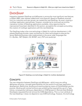 Reasons to Migrate to Delphi XE – What you might have missed since Delphi 7
Embarcadero Technologies - 77 -
DATASNAP
Integration between DataSnap and dbExpress is among the most significant new features
in Delphi 2009. Later releases added even more features. Based on feedback received
from our customers and user groups, we created the new DataSnap. As usual, creating a
multilayer application seemed easy. However, considering its continued use and the
impressive number of DataSnap applications available, many opportunities for
improvement have been identified. In this section, we explore the concepts surrounding
the creation of multilayer applications with the new DataSnap.
The DataSnap today is the core technology in Delphi for multi-tier development, in XE
release DataSnap provide a open architecture for other technologies to execute the
Server Methods (business roles implemented on the server side), languages like:
C++Builder, .NET (Delphi, C#, VB.NET, etc.), PHP and JavaScript.
Figure 37. DataSnap core technology in Delphi for multitier development
CONCEPTS
The new integration between DataSnap and dbExpress – which many are calling
dbExpress remoting – brought great flexibility into the world of multi-layer application
development. Before that, sending and receiving data by means of ClientDataSet was the
practice. Working with remote functions was something that required the use of a Type
Library, consequently making you dependent on COM (present in Remote Data Module).
Developers requested that we remove the COM dependency. This is a main attribute of
the new DataSnap: it does not depend on any COM technology. However, this technology
 