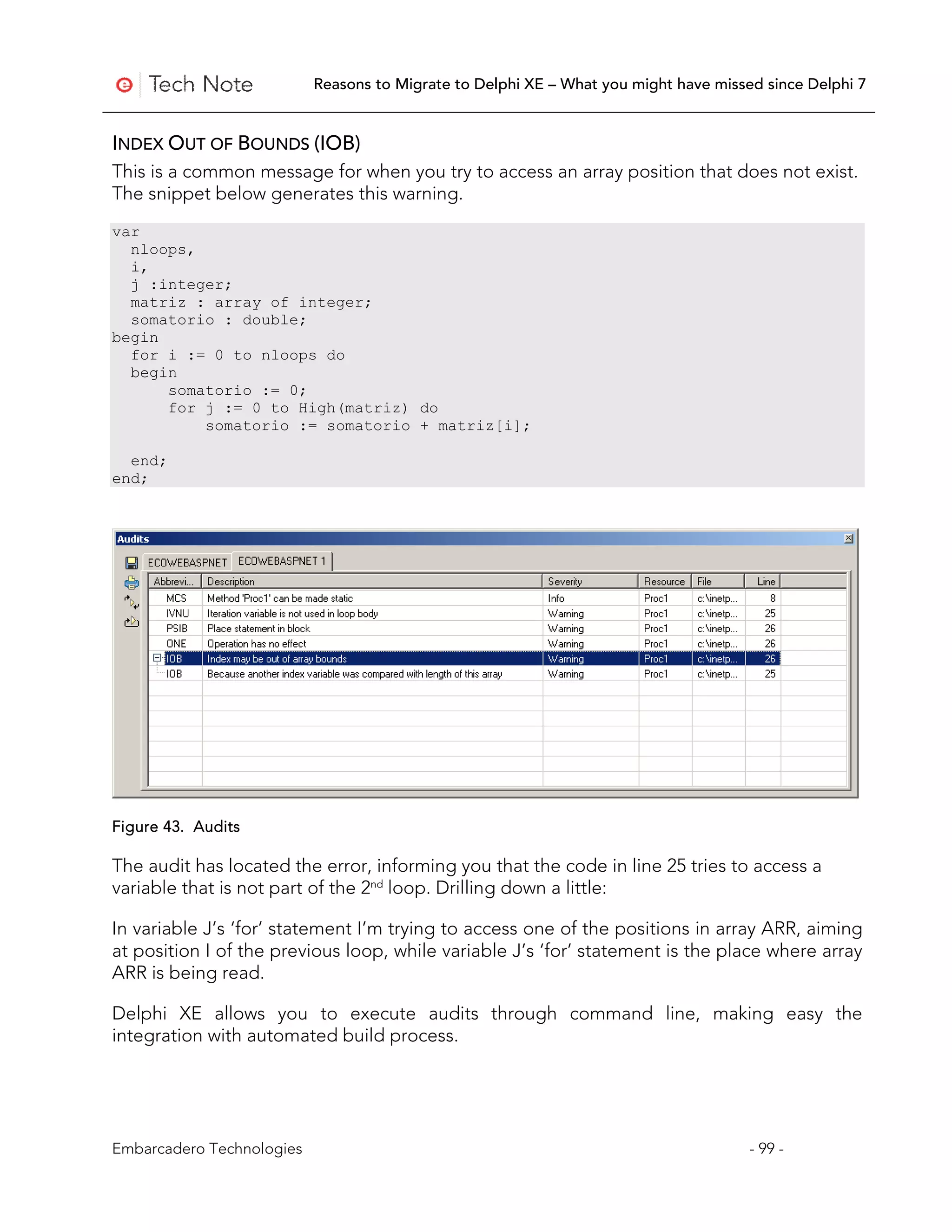 Reasons to Migrate to Delphi XE – What you might have missed since Delphi 7


INDEX OUT OF BOUNDS (IOB)
This is a common message for when you try to access an array position that does not exist.
The snippet below generates this warning.
var
  nloops,
  i,
  j :integer;
  matriz : array of integer;
  somatorio : double;
begin
  for i := 0 to nloops do
  begin
      somatorio := 0;
      for j := 0 to High(matriz) do
          somatorio := somatorio + matriz[i];

  end;
end;




Figure 43. Audits

The audit has located the error, informing you that the code in line 25 tries to access a
variable that is not part of the 2nd loop. Drilling down a little:

In variable J’s ‘for’ statement I’m trying to access one of the positions in array ARR, aiming
at position I of the previous loop, while variable J’s ‘for’ statement is the place where array
ARR is being read.

Delphi XE allows you to execute audits through command line, making easy the
integration with automated build process.




Embarcadero Technologies                                                              - 99 -
 