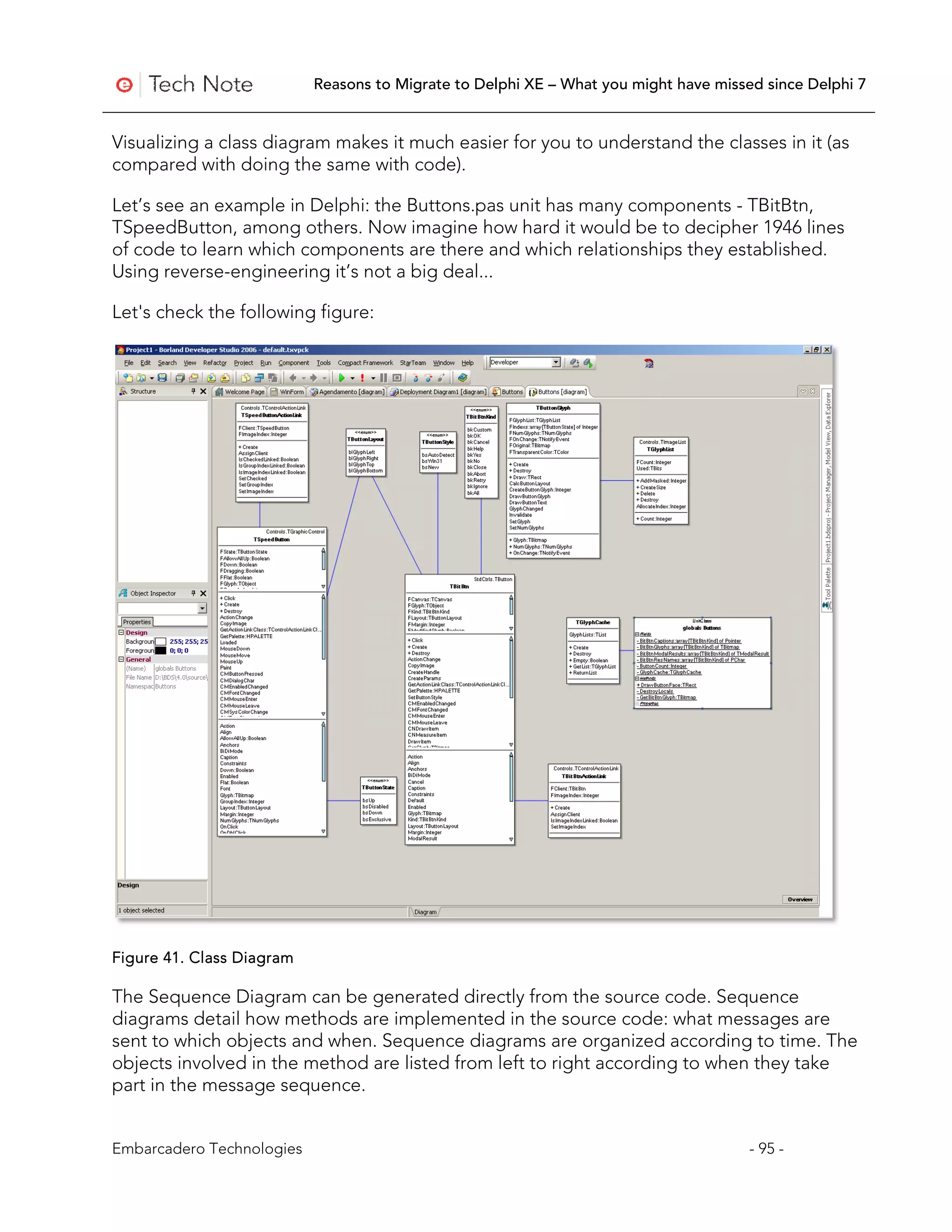 Reasons to Migrate to Delphi XE – What you might have missed since Delphi 7


Visualizing a class diagram makes it much easier for you to understand the classes in it (as
compared with doing the same with code).

Let’s see an example in Delphi: the Buttons.pas unit has many components - TBitBtn,
TSpeedButton, among others. Now imagine how hard it would be to decipher 1946 lines
of code to learn which components are there and which relationships they established.
Using reverse-engineering it’s not a big deal...

Let's check the following figure:




Figure 41. Class Diagram

The Sequence Diagram can be generated directly from the source code. Sequence
diagrams detail how methods are implemented in the source code: what messages are
sent to which objects and when. Sequence diagrams are organized according to time. The
objects involved in the method are listed from left to right according to when they take
part in the message sequence.


Embarcadero Technologies                                                              - 95 -
 