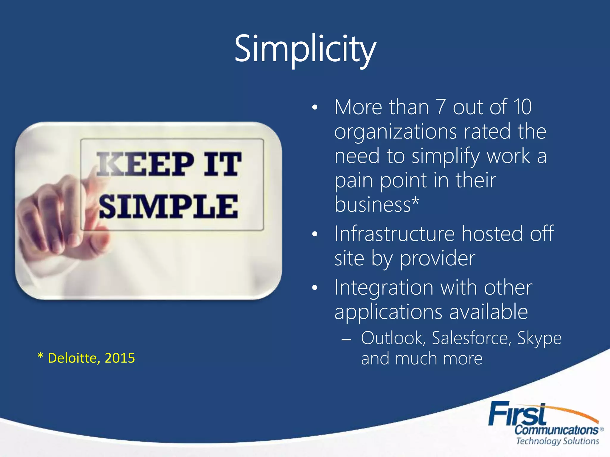 Simplicity
• More than 7 out of 10
organizations rated the
need to simplify work a
pain point in their
business*
• Infrastructure hosted off
site by provider
• Integration with other
applications available
– Outlook, Salesforce, Skype
and much more* Deloitte, 2015
 