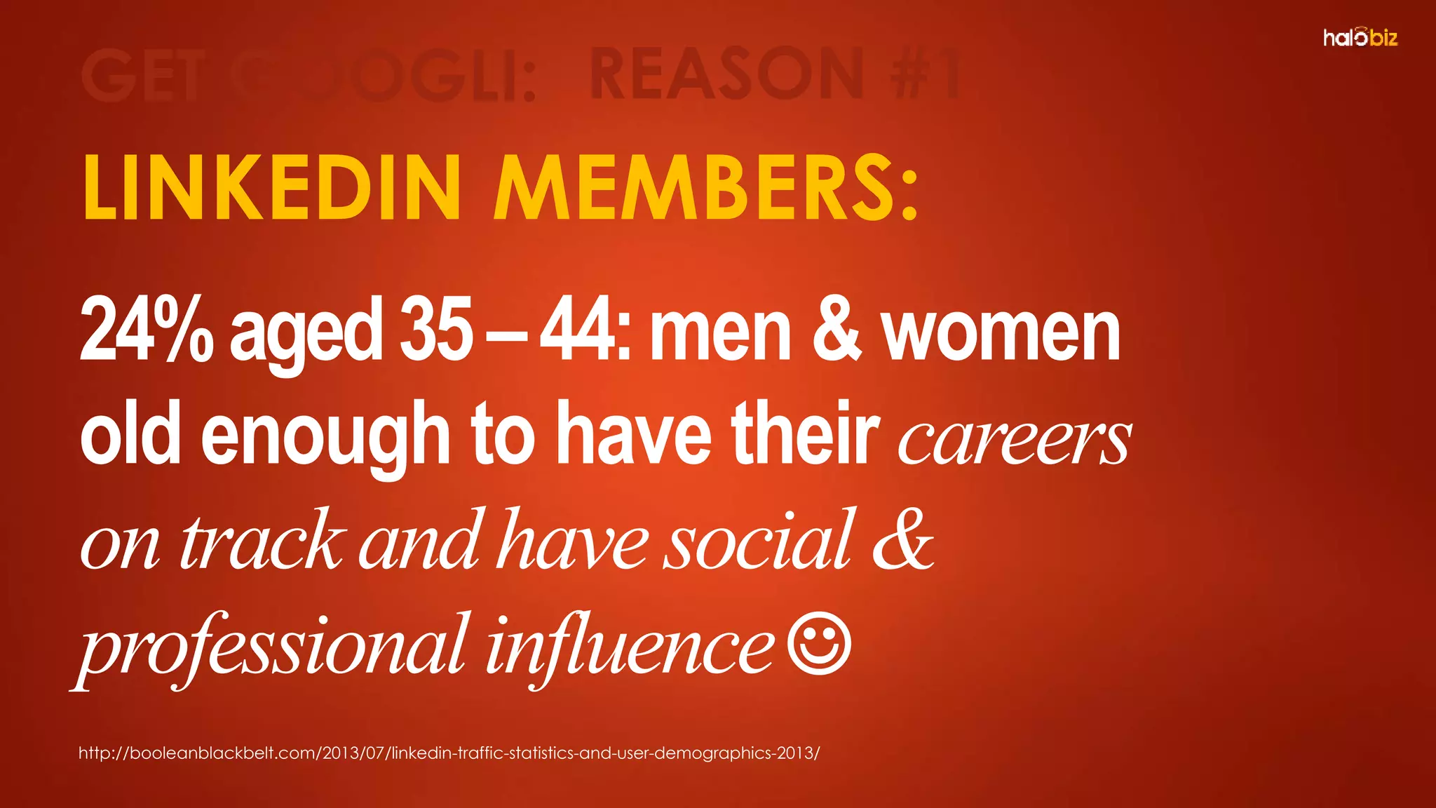 LINKEDIN MEMBERS:
24%aged35–44:men & women
old enough to have their careers
ontrackandhavesocial&
professionalinfluence
GET GOOGLI: REASON #1
http://booleanblackbelt.com/2013/07/linkedin-traffic-statistics-and-user-demographics-2013/
 