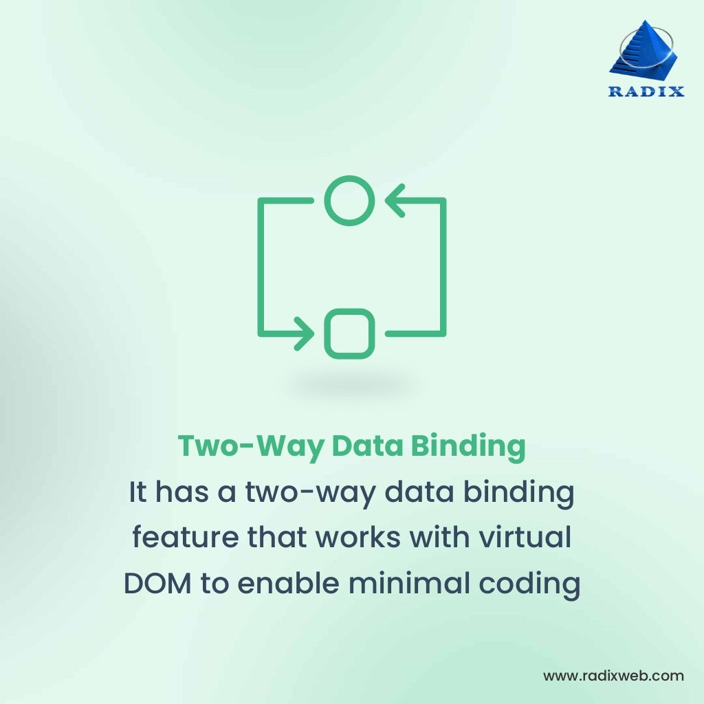 www.radixweb.com Two-Way Data Binding It has a two-way data binding feature that works with virtual DOM to enable minimal coding 