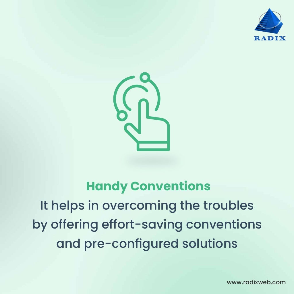 www.radixweb.com Handy Conventions It helps in overcoming the troubles by offering effort-saving conventions and pre-conﬁgured solutions 