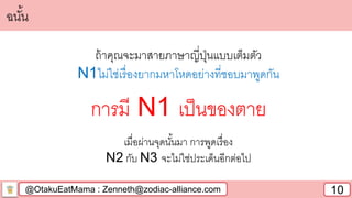 @OtakuEatMama : Zenneth@zodiac-alliance.com 10
ฉนั้น
ถ้าคุณจะมาสายภาษาญี่ปุ่นแบบเต็มตัว
N1ไม่ใช่เรื่องยากมหาโหดอย่างที่ชอบมาพูดกัน
การมี N1 เป็นของตาย
เมื่อผ่านจุดนั้นมา การพูดเรื่อง
N2 กับ N3 จะไม่ใช่ประเด็นอีกต่อไป
 