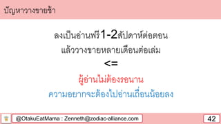 @OtakuEatMama : Zenneth@zodiac-alliance.com 42
ปัญหาวางขายช้า
ลงเป็นอ่านฟรี1-2สัปดาห์ต่อตอน
แล้ววางขายหลายเดือนต่อเล่ม
<=
ผู้อ่านไม่ต้องรอนาน
ความอยากจะต้องไปอ่านเถื่อนน้อยลง
 