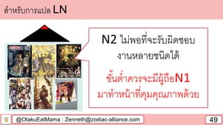 @OtakuEatMama : Zenneth@zodiac-alliance.com 49
สาหรับการแปล LN
N2 ไม่พอที่จะรับผิดชอบ
งานหลายชนิดได้
ขั้นต่าควรจะมีผู้ถือN1
มาทาหน้าที่คุมคุณภาพด้วย
 