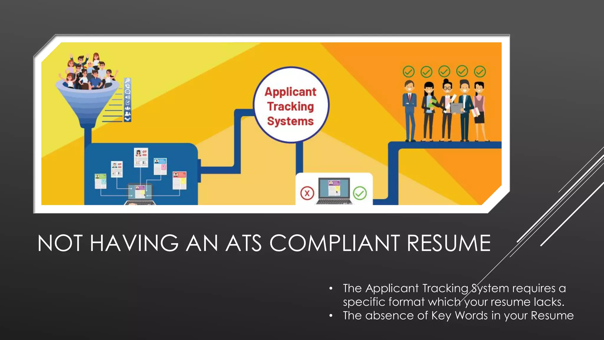 NOT HAVING AN ATS COMPLIANT RESUME
• The Applicant Tracking System requires a
specific format which your resume lacks.
• The absence of Key Words in your Resume
 