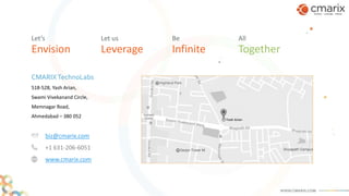 Envision
Let’s
CMARIXTechnoLabs
518-528, Yash Arian,
Swami Vivekanand Circle,
Memnagar Road,
Ahmedabad – 380 052
Leverage
Let us
Infinite
Be
Together
All
biz@cmarix.com
+1 631-206-6051
www.cmarix.com
 