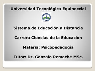 Universidad Tecnológica Equinoccial
Sistema de Educación a Distancia
Carrera Ciencias de la Educación
Materia: Psicopedagogía
Tutor: Dr. Gonzalo Remache MSc.
 