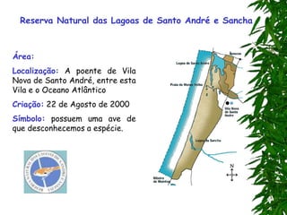 Reserva Natural das Lagoas de Santo André e Sancha
Área:
Localização: A poente de Vila
Nova de Santo André, entre esta
Vila e o Oceano Atlântico
Criação: 22 de Agosto de 2000
Símbolo: possuem uma ave de
que desconhecemos a espécie.
 