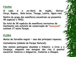 FAUNA
O    Lobo   é   o   ex-libris   da   região.    Outros:
Corço, Raposa, Gato bravo, Texugo, Lontra, Águia-real.
Dentro do grupo dos mamíferos encontram-se presentes
48 espécies ( 75%);
Do total de 28 espécies de mamíferos terrestres do
Continente com estatuto de conservação de "ameaçado"
existem 17 neste Parque.


FLORA
Matas de Carvalho-negral - uma das principais riquezas;
Castanheiros (símbolo do Parque Natural);
Nos montes pedregosos abundam o Vidoeiro, a Urze e a
Carqueja, enquanto nas margens dos rios é possível
encontrar Amieiros e Salgueiros, Aveleiras e Choupos.
 