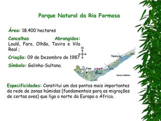 Parque Natural da Ria Formosa

Área: 18.400 hectares
Concelhos            Abrangidos:
Loulé, Faro, Olhão, Tavira e Vila
Real ;
Criação: 09 de Dezembro de 1987
Símbolo: Galinha-Sultana.



Especificidades: Constitui um dos pontos mais importantes
da rede de zonas húmidas (fundamentais para as migrações
de certas aves) que liga o norte da Europa a África.
 
