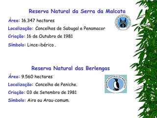 Reserva Natural da Serra da Malcata
Área: 16.347 hectares
Localização: Concelhos de Sabugal e Penamacor
Criação: 16 de Outubro de 1981
Símbolo: Lince-ibérico .




           Reserva Natural das Berlengas
Área: 9.560 hectares
Localização: Concelho de Peniche.
Criação: 03 de Setembro de 1981
Símbolo: Airo ou Arau-comum.
 