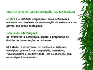 INSTITUTO DE CONSERVAÇÃO DA NATUREZA

O ICN é o instituto responsável pelas actividades
nacionais nos domínios da conservação da natureza e da
gestão das áreas protegidas.

São suas atribuições:
a) Promover a estratégia, planos e programas no
âmbito da conservação da natureza;

b) Estudar e inventariar os factores e sistemas
ecológicos quanto à sua composição, estrutura,
funcionamento e produtividade, em colaboração com
os serviços interessados;
 