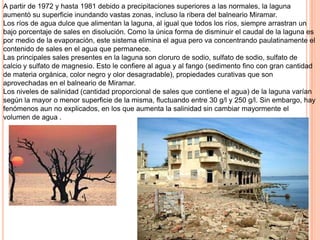 A partir de 1972 y hasta 1981 debido a precipitaciones superiores a las normales, la laguna
aumentó su superficie inundando vastas zonas, incluso la ribera del balneario Miramar.
Los ríos de agua dulce que alimentan la laguna, al igual que todos los ríos, siempre arrastran un
bajo porcentaje de sales en disolución. Como la única forma de disminuir el caudal de la laguna es
por medio de la evaporación, este sistema elimina el agua pero va concentrando paulatinamente el
contenido de sales en el agua que permanece.
Las principales sales presentes en la laguna son cloruro de sodio, sulfato de sodio, sulfato de
calcio y sulfato de magnesio. Esto le confiere al agua y al fango (sedimento fino con gran cantidad
de materia orgánica, color negro y olor desagradable), propiedades curativas que son
aprovechadas en el balneario de Miramar.
Los niveles de salinidad (cantidad proporcional de sales que contiene el agua) de la laguna varían
según la mayor o menor superficie de la misma, fluctuando entre 30 g/l y 250 g/l. Sin embargo, hay
fenómenos aun no explicados, en los que aumenta la salinidad sin cambiar mayormente el
volumen de agua .
 