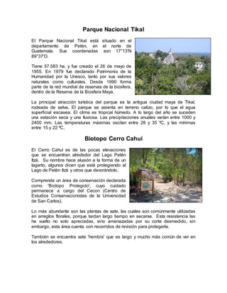 Parque Nacional Tikal
El Parque Nacional Tikal está situado en el
departamento de Petén, en el norte de
Guatemala. Sus coordenadas son 17°13′N
89°37′O.
Tiene 57.583 ha, y fue creado el 26 de mayo de
1955. En 1979 fue declarado Patrimonio de la
Humanidad por la Unesco, tanto por sus valores
naturales como culturales. Desde 1990 forma
parte de la red mundial de reservas de la biosfera,
dentro de la Reserva de la Biosfera Maya.
La principal atracción turística del parque es la antigua ciudad maya de Tikal,
rodeada de selva. El parque se asienta en terreno calizo, por lo que el agua
superficial escasea. El clima es tropical húmedo. A lo largo del año se suceden
una estación seca y una lluviosa. Las precipitaciones anuales varían entre 1000 y
2400 mm. Las temperaturas máximas oscilan entre 28 y 35 ºC, y las mínimas
entre 15 y 22 ºC.
Biotopo Cerro Cahuí
El Cerro Cahuí es de las pocas elevaciones
que se encuentran alrededor del Lago Petén
Itzá. Su nombre hace alusión a la forma de un
lagarto, algunos dicen que está protegiendo al
Lago de Petén Itzá y otros que devorándolo.
Comprende un área de conservación declarada
como 'Biotopo Protegido', cuyo cuidado
permanece a cargo del Cecon (Centro de
Estudios Conservacionistas de la Universidad
de San Carlos).
Lo más abundante son las plantas de xate, las cuales son comúnmente utilizadas
en arreglos florales, porque tardan largo tiempo en secarse. Esta resistencia las
ha vuelto no solo apreciadas, sino amenazadas por su corte desmedido, sin
embargo, esta área cuenta con recorridos de revisión para protegerla.
También se encuentra xate 'hembra' que es largo y mucho más común de ver en
los alrededores.
 