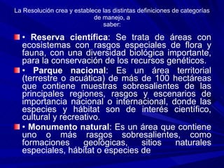 La Resolución crea y establece las distintas definiciones de categorías de manejo, a saber: •  Reserva científica : Se trata de áreas con ecosistemas con rasgos especiales de flora y fauna, con una diversidad biológica importante, para la conservación de los recursos genéticos. •  Parque nacional : Es un área territorial (terrestre o acuática) de más de 100 hectáreas que contiene muestras sobresalientes de las principales regiones, rasgos y escenarios de importancia nacional o internacional, donde las especies y hábitat son de interés científico, cultural y recreativo. •  Monumento natural : Es un área que contiene uno o más rasgos sobresalientes, como formaciones geológicas, sitios naturales especiales, hábitat o especies de 