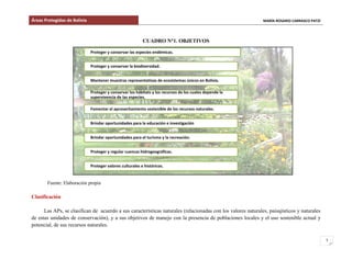 Áreas Protegidas de Bolivia MARÍA ROSARIO CARRASCO PATZI
5
CUADRO N°1. OBJETIVOS
Fuente: Elaboración propia
Clasificación
Las APs, se clasifican de acuerdo a sus características naturales (relacionadas con los valores naturales, paisajísticos y naturales
de estas unidades de conservación), y a sus objetivos de manejo con la presencia de poblaciones locales y el uso sostenible actual y
potencial, de sus recursos naturales.
Proteger y conservar las especies endémicas.
Proteger y conservar la biodiversidad.
Mantener muestras representativas de ecosistemas únicos en Bolivia.
Proteger y conservar los hábitats y los recursos de los cuales depende la
supervivencia de las especies.
Fomentar el aprovechamiento sostenible de los recursos naturales.
Brindar oportunidades para la educación e investigación
Brindar oportunidades para el turismo y la recreación.
Proteger y regular cuencas hidrogeográficas.
Proteger valores culturales e históricos.
 