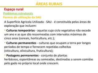ÁREAS RURAIS
Espaço rural
Problemas estruturais
Formas de utilização da SAU
 A Superfície Agrícola Utilizada - SAU - é con...