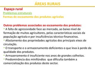 ÁREAS RURAIS
Espaço rural
Problemas estruturais
Formas de escoamento dos produtos agrícolas

Outros problemas associados a...