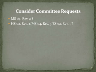  MS 04, Rev. 2 ?
 HS 02, Rev. 2/MS 04, Rev. 3/ES 02, Rev. 1 ?




                                                21
 