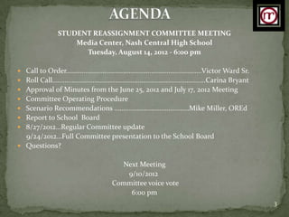 STUDENT REASSIGNMENT COMMITTEE MEETING
                Media Center, Nash Central High School
                  Tuesday, August 14, 2012 - 6:00 pm

 Call to Order……………………………………………………………………Victor Ward Sr.
 Roll Call………..…………………………………………………………………..Carina Bryant
 Approval of Minutes from the June 25, 2012 and July 17, 2012 Meeting
 Committee Operating Procedure
 Scenario Recommendations …….………………………………Mike Miller, OREd
 Report to School Board
 8/27/2012…Regular Committee update
  9/24/2012…Full Committee presentation to the School Board
 Questions?


                                Next Meeting
                                 9/10/2012
                              Committee voice vote
                                  6:00 pm
                                                                         3
 