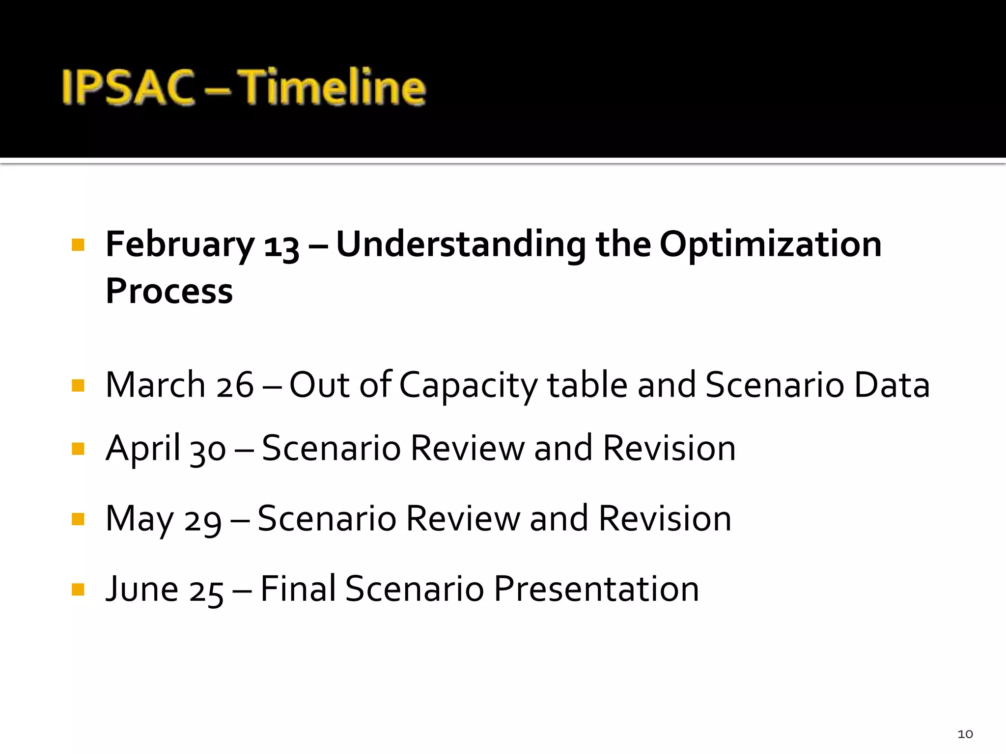    February 13 – Understanding the Optimization
    Process

   March 26 – Out of Capacity table and Scenario Data
   April 30 – Scenario Review and Revision
   May 29 – Scenario Review and Revision
   June 25 – Final Scenario Presentation


                                                         10
 