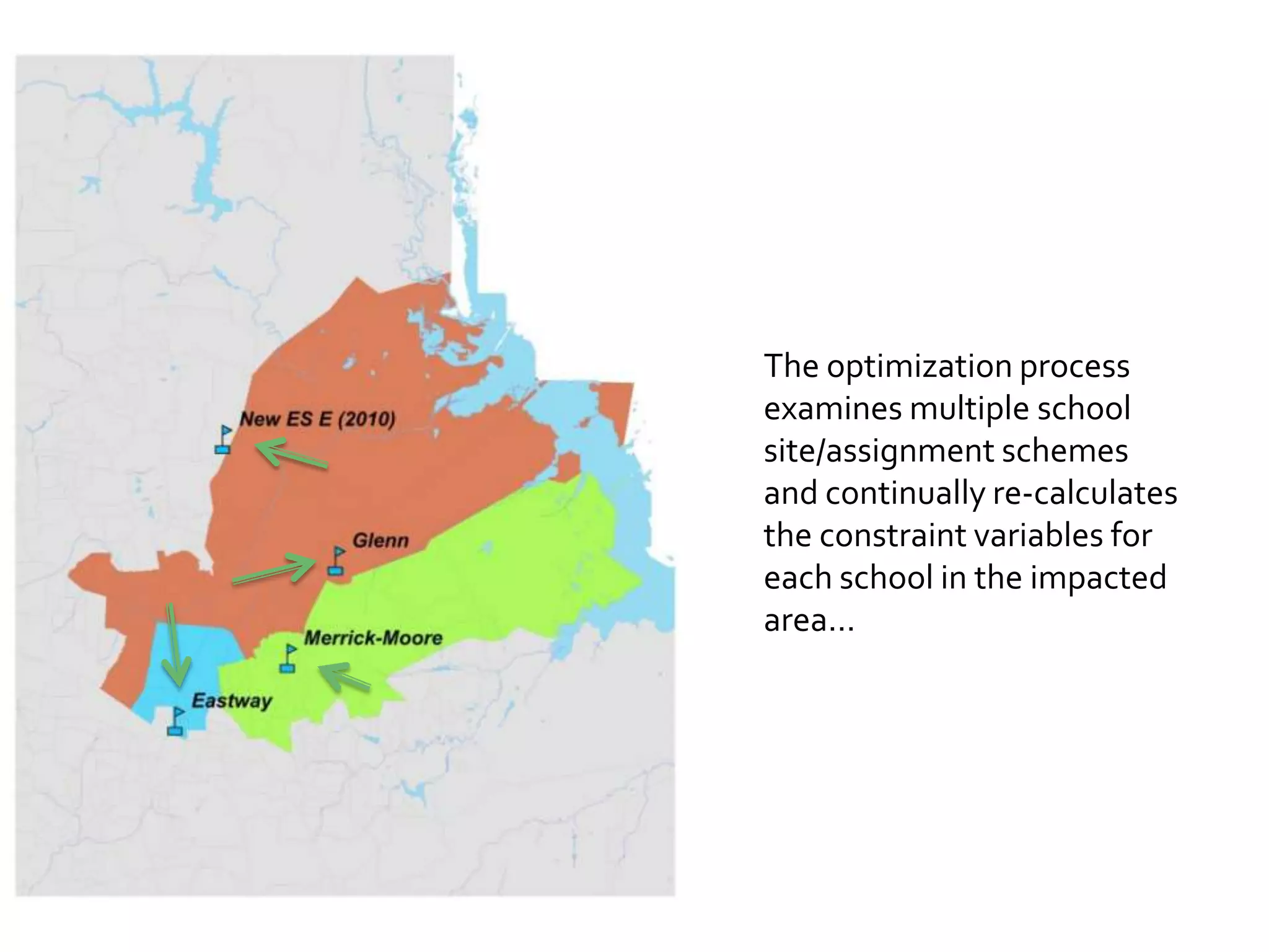 The optimization process
examines multiple school
site/assignment schemes
and continually re-calculates
the constraint variables for
each school in the impacted
area...
 