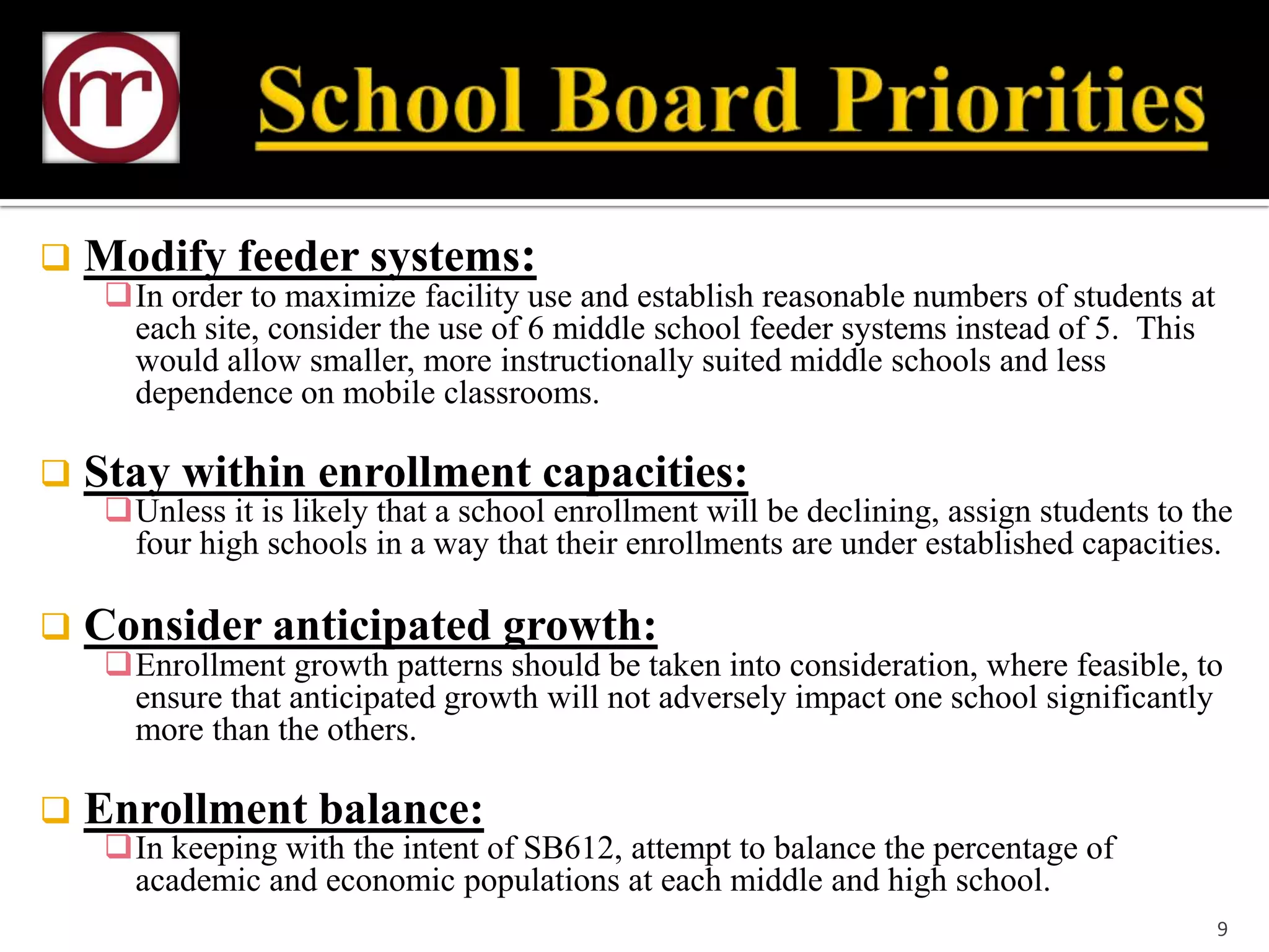    Modify feeder systems:
     In order to maximize facility use and establish reasonable numbers of students at
      each site, consider the use of 6 middle school feeder systems instead of 5. This
      would allow smaller, more instructionally suited middle schools and less
      dependence on mobile classrooms.

   Stay within enrollment capacities:
     Unless it is likely that a school enrollment will be declining, assign students to the
      four high schools in a way that their enrollments are under established capacities.

   Consider anticipated growth:
     Enrollment growth patterns should be taken into consideration, where feasible, to
      ensure that anticipated growth will not adversely impact one school significantly
      more than the others.

   Enrollment balance:
     In keeping with the intent of SB612, attempt to balance the percentage of
      academic and economic populations at each middle and high school.
                                                                                          9
 