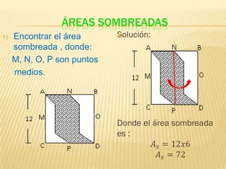ÁREAS SOMBREADAS
1)   Encontrar el área       

     sombreada , donde:
     M, N, O, P son puntos
     medios.
 