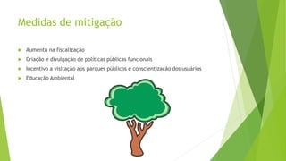 Medidas de mitigação
 Aumento na fiscalização
 Criação e divulgação de políticas públicas funcionais
 Incentivo a visitação aos parques públicos e conscientização dos usuários
 Educação Ambiental
 