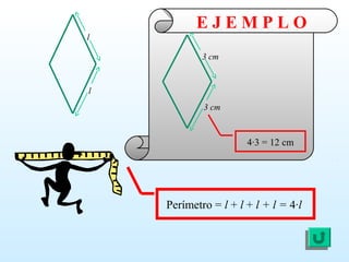 E J E M P L O
Perímetro = l + l + l + l = 4·l
4·3 = 12 cm
l
l
3 cm
3 cm