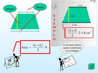 E
J
E
M
P
L
O
Si las bases fuesen
iguales tendríamos
un rectángulo
Área = a·b
a
b
h
alturaaltura
b1
b2
basesbases
5 cm
3 cm
2 cm
Área =
( ) h
bb
⋅
+
2
21
( ) 2
82
2
35
cm=⋅
+