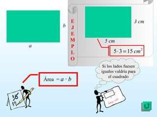 Área = a · b
2
1535 cm=⋅
b
a
Si los lados fuesen
iguales valdría para
el cuadrado
Área = a·b
a
b
3 cm
5 cm
E
J
E
M
P
L
O
