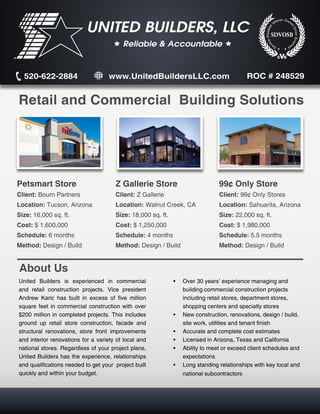 Service Disabled Veteran Owned Small Business 
SDVOSB UNITED BUILDERS, LLC 
 Reliable & Accountable  
United Builders is experienced in commercial 
and retail construction projects. Vice president 
Andrew Karic has built in excess of five million 
square feet in commercial construction with over 
$200 million in completed projects. This includes 
ground up retail store construction, facade and 
structural renovations, store front improvements 
and interior renovations for a variety of local and 
national stores. Regardless of your project plans, 
United Builders has the experience, relationships 
and qualifications needed to get your project built 
quickly and within your budget. 
• Over 30 years’ experience managing and 
building commercial construction projects 
including retail stores, department stores, 
shopping centers and specialty stores 
• New construction, renovations, design / build, 
site work, utilities and tenant finish 
• Accurate and complete cost estimates 
• Licensed in Arizona, Texas and California 
• Ability to meet or exceed client schedules and 
expectations 
• Long standing relationships with key local and 
national subcontractors 
Petsmart Store 
Client: Bourn Partners 
Location: Tucson, Arizona 
Size: 16,000 sq. ft. 
Cost: $ 1,600,000 
Schedule: 6 months 
Method: Design / Build 
Z Gallerie Store 
Client: Z Gallerie 
Location: Walnut Creek, CA 
Size: 18,000 sq. ft. 
Cost: $ 1,250,000 
Schedule: 4 months 
Method: Design / Build 
99¢ Only Store 
Client: 99¢ Only Stores 
Location: Sahuarita, Arizona 
Size: 22,000 sq. ft. 
Cost: $ 1,980,000 
Schedule: 5.5 months 
Method: Design / Build 
520-622-2884 www.UnitedBuildersLLC.com ROC # 248529 
Retail and Commercial Building Solutions 
About Us 
 