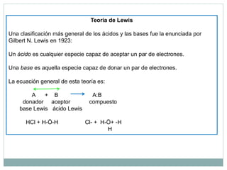 Teoría de Lewis
Una clasificación más general de los ácidos y las bases fue la enunciada por
Gilbert N. Lewis en 1923:
Un ácido es cualquier especie capaz de aceptar un par de electrones.
Una base es aquella especie capaz de donar un par de electrones.
La ecuación general de esta teoría es:
A + B A:B
donador aceptor compuesto
base Lewis ácido Lewis
HCl + H-Ö-H Cl- + H-Ö+ -H
H
 