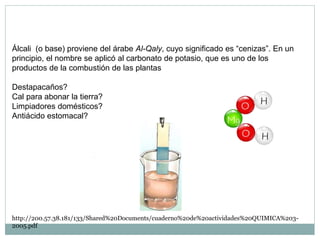Álcali (o base) proviene del árabe Al-Qaly, cuyo significado es “cenizas”. En un
principio, el nombre se aplicó al carbonato de potasio, que es uno de los
productos de la combustión de las plantas
Destapacaños?
Cal para abonar la tierra?
Limpiadores domésticos?
Antiácido estomacal?
http://200.57.38.181/133/Shared%20Documents/cuaderno%20de%20actividades%20QUIMICA%203-
2005.pdf
 
