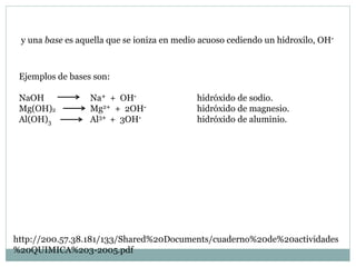 y una base es aquella que se ioniza en medio acuoso cediendo un hidroxilo, OH-
Ejemplos de bases son:
NaOH Na+ + OH- hidróxido de sodio.
Mg(OH)2 Mg2+ + 2OH- hidróxido de magnesio.
Al(OH)3 Al3+ + 3OH- hidróxido de aluminio.
http://200.57.38.181/133/Shared%20Documents/cuaderno%20de%20actividades
%20QUIMICA%203-2005.pdf
 