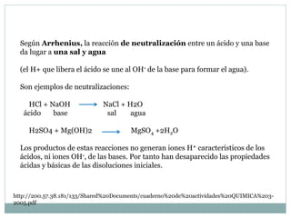 Según Arrhenius, la reacción de neutralización entre un ácido y una base
da lugar a una sal y agua
(el H+ que libera el ácido se une al OH- de la base para formar el agua).
Son ejemplos de neutralizaciones:
HCl + NaOH NaCl + H2O
ácido base sal agua
H2SO4 + Mg(OH)2 MgSO4 +2H2O
Los productos de estas reacciones no generan iones H+ característicos de los
ácidos, ni iones OH-, de las bases. Por tanto han desaparecido las propiedades
ácidas y básicas de las disoluciones iniciales.
http://200.57.38.181/133/Shared%20Documents/cuaderno%20de%20actividades%20QUIMICA%203-
2005.pdf
 
